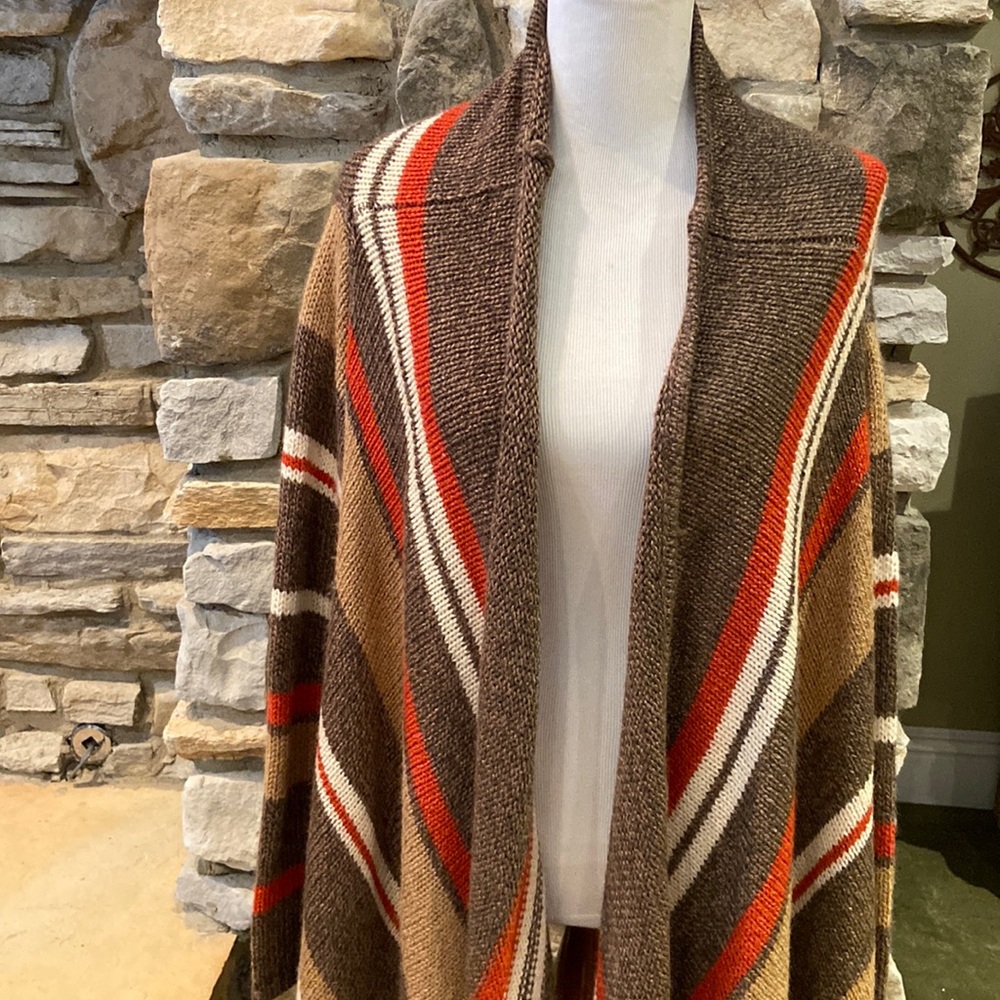Ethereal open front cardigan with fringe in warm colors, size medium
